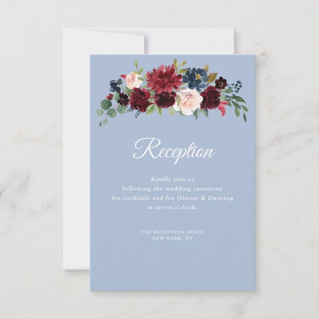 burgundy dusty blue wedding reception card (Front)