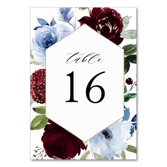 burgundy dusty blue wedding table number (Front)
