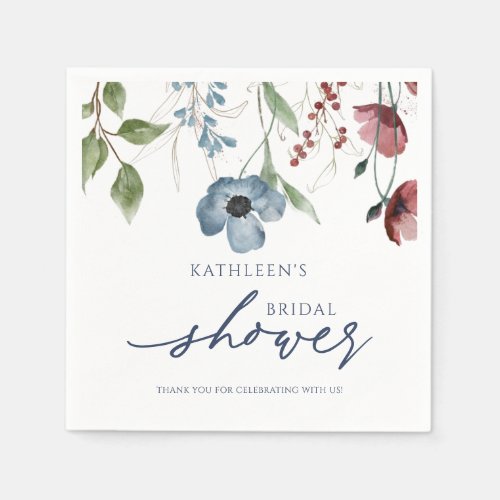 Burgundy  Dusty Blue Wildflowers Bridal Shower Napkins