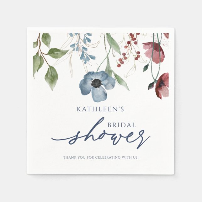 Burgundy & Dusty Blue Wildflowers Bridal Shower Napkins (Front)