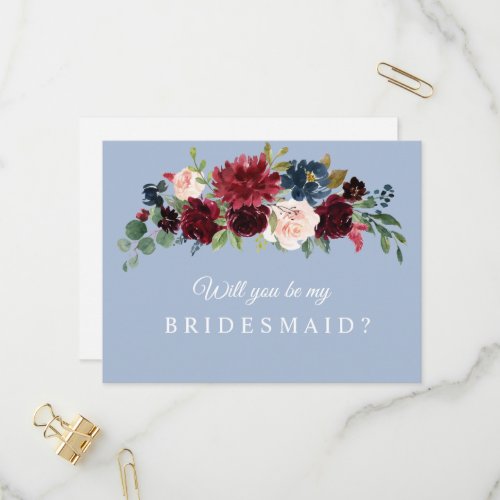 burgundy dusty blue will you be my bridesmaid card