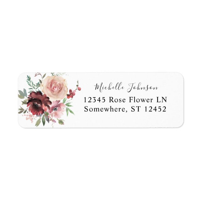 Burgundy & Dusty Blush Pink 5Floral Return Address Label (Front)