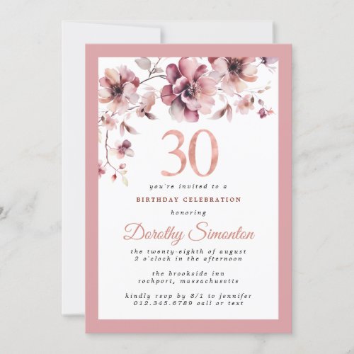 Burgundy Dusty Blush Pink Floral 30th Birthday Invitation