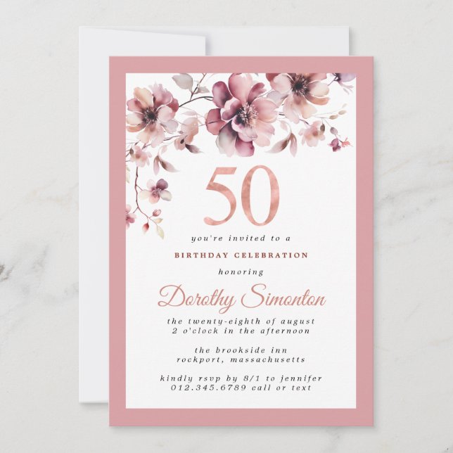 Burgundy Dusty Blush Pink Floral 50th Birthday Invitation (Front)