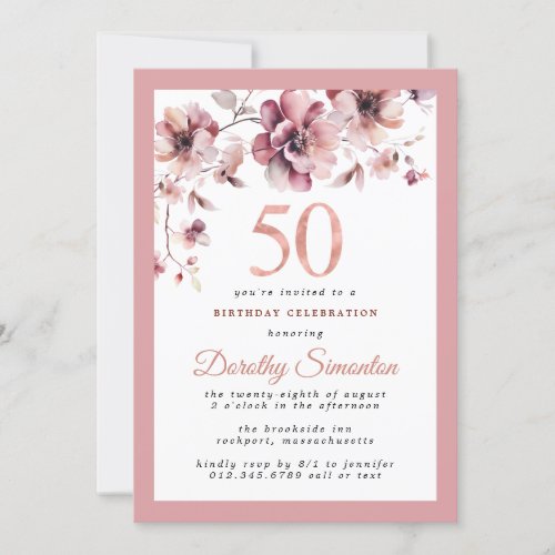 Burgundy Dusty Blush Pink Floral 50th Birthday Invitation