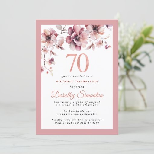 Burgundy Dusty Blush Pink Floral 70th Birthday Invitation Zazzle