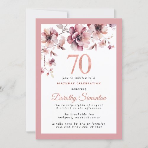 Burgundy Dusty Blush Pink Floral 70th Birthday Invitation