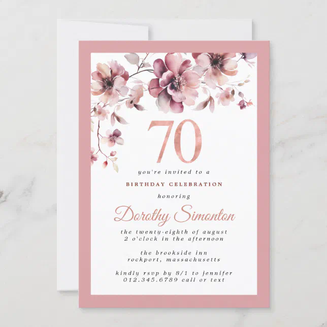 Burgundy Dusty Blush Pink Floral 70th Birthday Invitation Zazzle