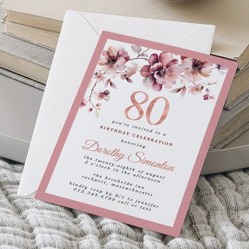 Burgundy Dusty Blush Pink Floral 80th Birthday Invitation