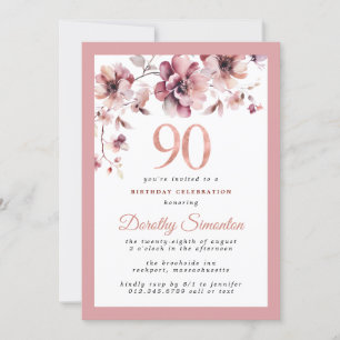 Burgundy Dusty Blush Pink Floral 90th Birthday Invitation