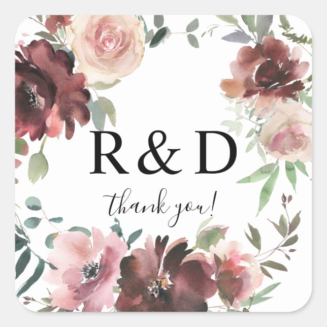 Burgundy & Dusty Blush Pink Floral Monogram Square Sticker (Front)