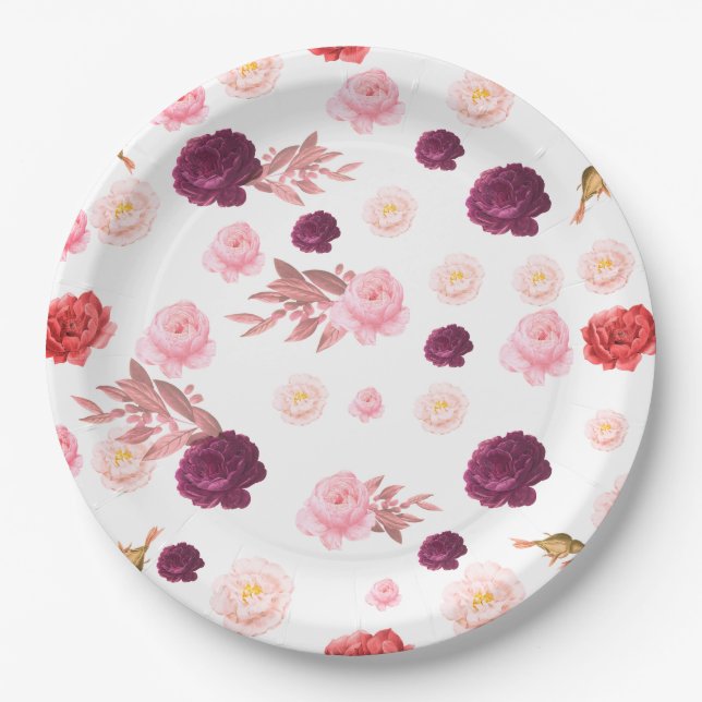 Burgundy Dusty Pink Bloom Baby Shower Delight Paper Plates (Front)