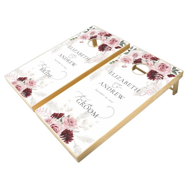 Burgundy Dusty Pink Bride Groom Wedding Cornhole Set (Angled)