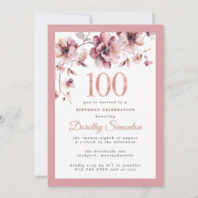 Burgundy Dusty Pink Floral 100th Birthday Invitation (Front)