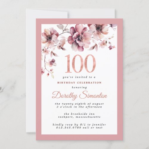 Burgundy Dusty Pink Floral 100th Birthday Invitation