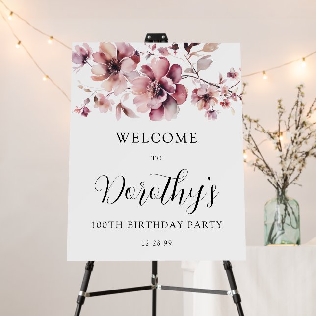 Burgundy Dusty Pink Floral 100th Birthday Welcome  Foam Board (In Situ (Stand))
