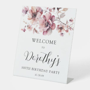 Burgundy Dusty Pink Floral 100th Birthday Welcome Pedestal Sign