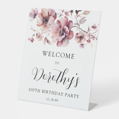 Burgundy Dusty Pink Floral 100th Birthday Welcome  Pedestal Sign
