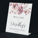 Burgundy Dusty Pink Floral 50th Birthday Welcome  Pedestal Sign<br><div class="desc">Welcome guests to your 50th birthday party with this elegant burgundy and dusty pink floral tabletop welcome sign. The convenient pedestal style stands on its own. A pretty arrangement of watercolor pink wildflowers is nestled in soft sage green leaves decorate the sign. The birthday celebrant's name is written in a...</div>