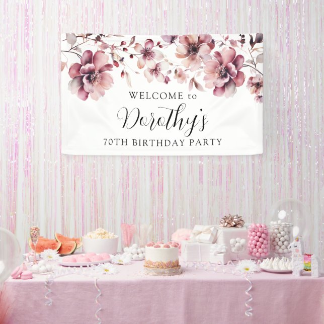 Burgundy Dusty Pink Floral 70th Birthday Welcome  Banner (Party)