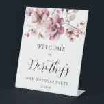 Burgundy Dusty Pink Floral 80th Birthday Welcome  Pedestal Sign<br><div class="desc">Welcome guests to your 80th birthday party with this elegant burgundy and dusty pink floral welcome sign. A pretty arrangement of watercolor pink wildflowers is nestled in soft sage green leaves decorate the sign. The birthday celebrant's name is written in a large trending script font. The remainder of the text...</div>