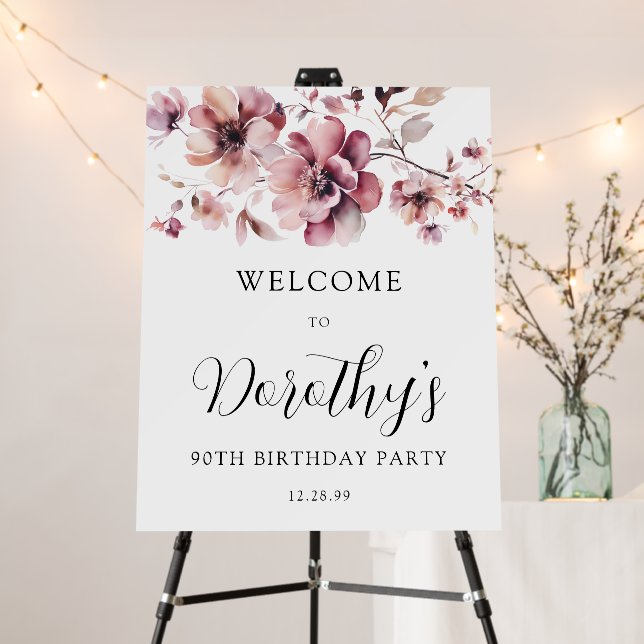 Burgundy Dusty Pink Floral 90th Birthday Welcome  Foam Board (In Situ (Stand))