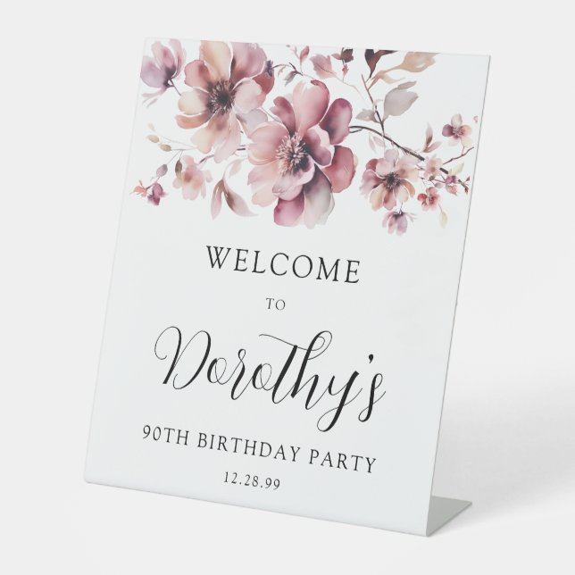 Burgundy Dusty Pink Floral 90th Birthday Welcome  Pedestal Sign (Front)