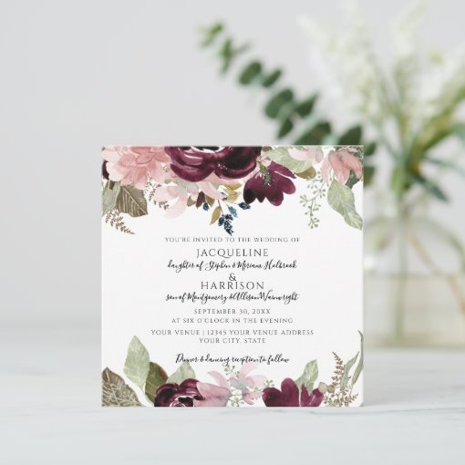 Burgundy Dusty Pink Floral Elegant Foliage Wedding Invitation | Zazzle