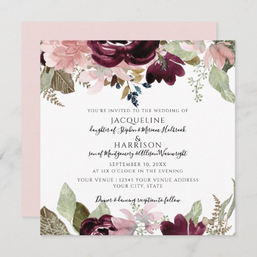 Burgundy Dusty Pink Floral Elegant Foliage Wedding Invitation