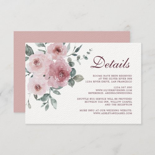 Burgundy Dusty Pink Floral Wedding Details Enclosure Card