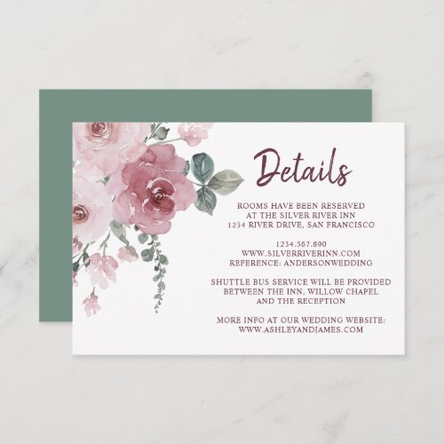 Burgundy Dusty Pink Floral Wedding Details  Enclosure Card