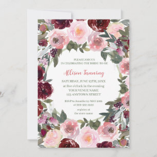 Burgundy Dusty Pink Rose Watercolor Bridal Shower  Invitation