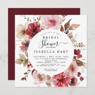 Burgundy Dusty Rose Fall Floral Bridal Shower Invitation