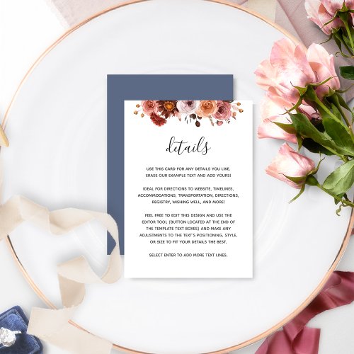 Burgundy Dusty Rose Floral Blue Wedding Details Enclosure Card