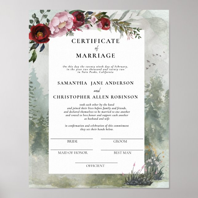 Burgundy Dusty Rose Floral Certificate of Marriage Poster (Front)