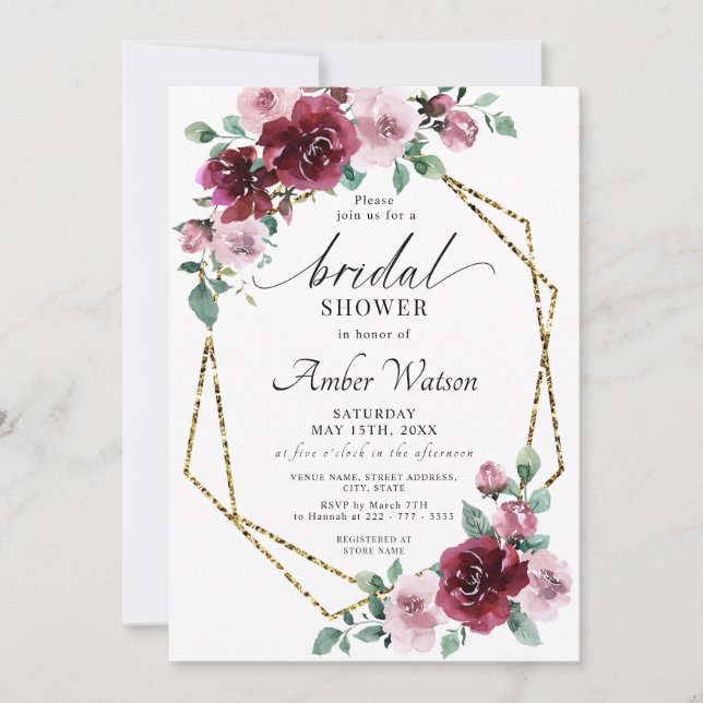 Burgundy Dusty Rose Floral Gold Foil Bridal Shower Invitation (Front)