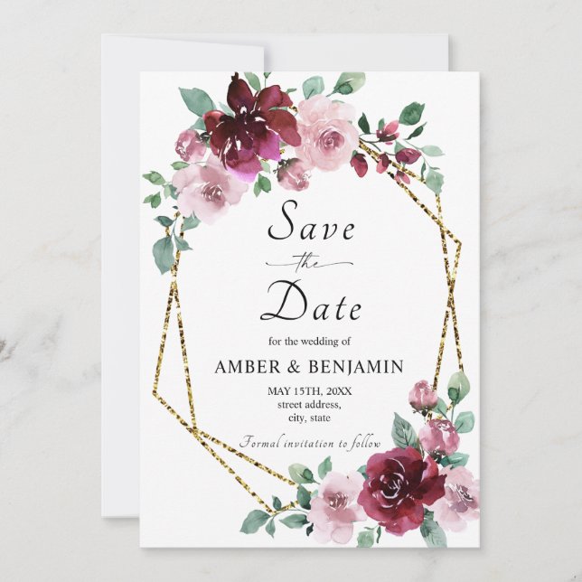 Burgundy Dusty Rose Floral Gold Save The Date Invitation (Front)