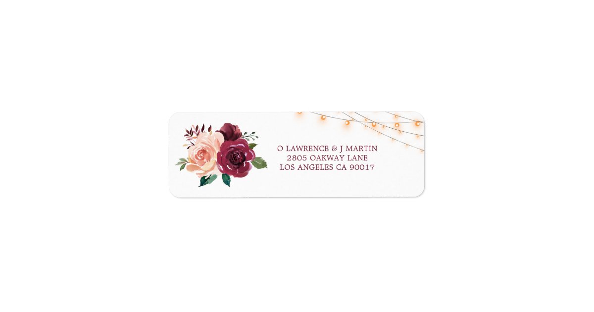 Burgundy Dusty Rose Floral Lights Wedding Address Label | Zazzle
