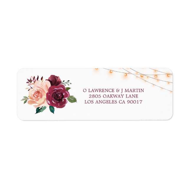 Burgundy Dusty Rose Floral Lights Wedding Address Label (Front)