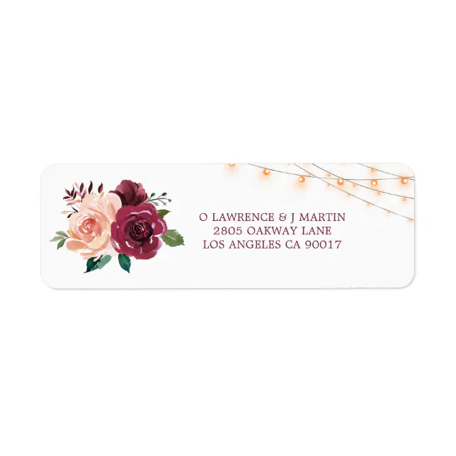 Burgundy Dusty Rose Floral Lights Wedding Address Label | Zazzle