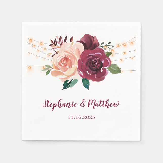 Burgundy Dusty Rose Floral Lights Wedding Napkins (Front)