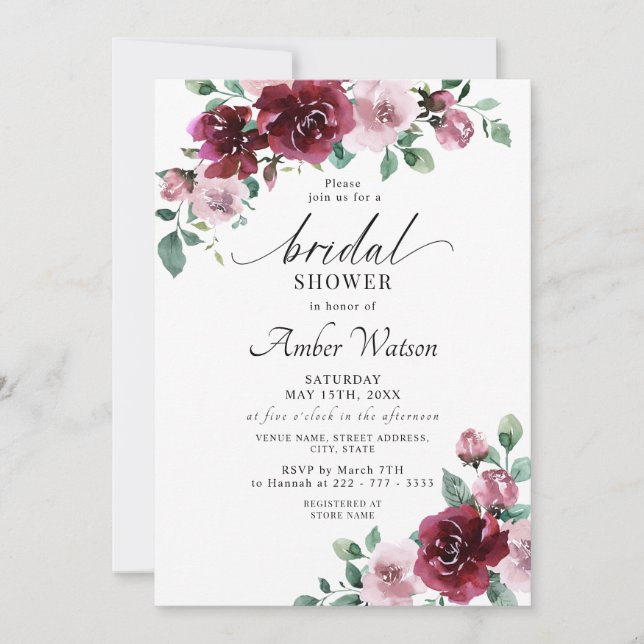 Burgundy Dusty Rose Floral Maroon Bridal Shower Invitation (Front)