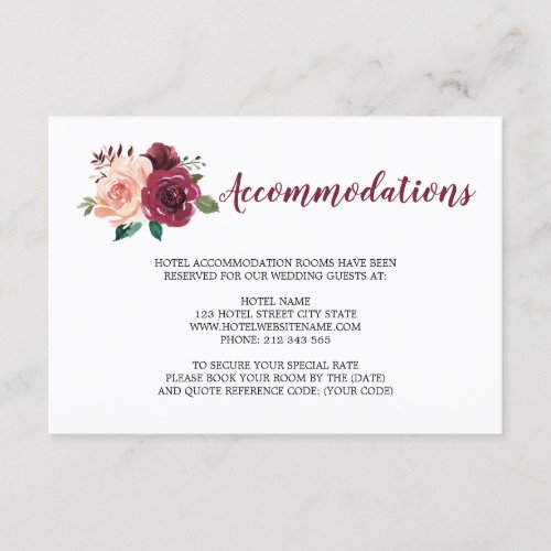 Burgundy Dusty Rose Floral Wedding Accommodations Enclosure Card
