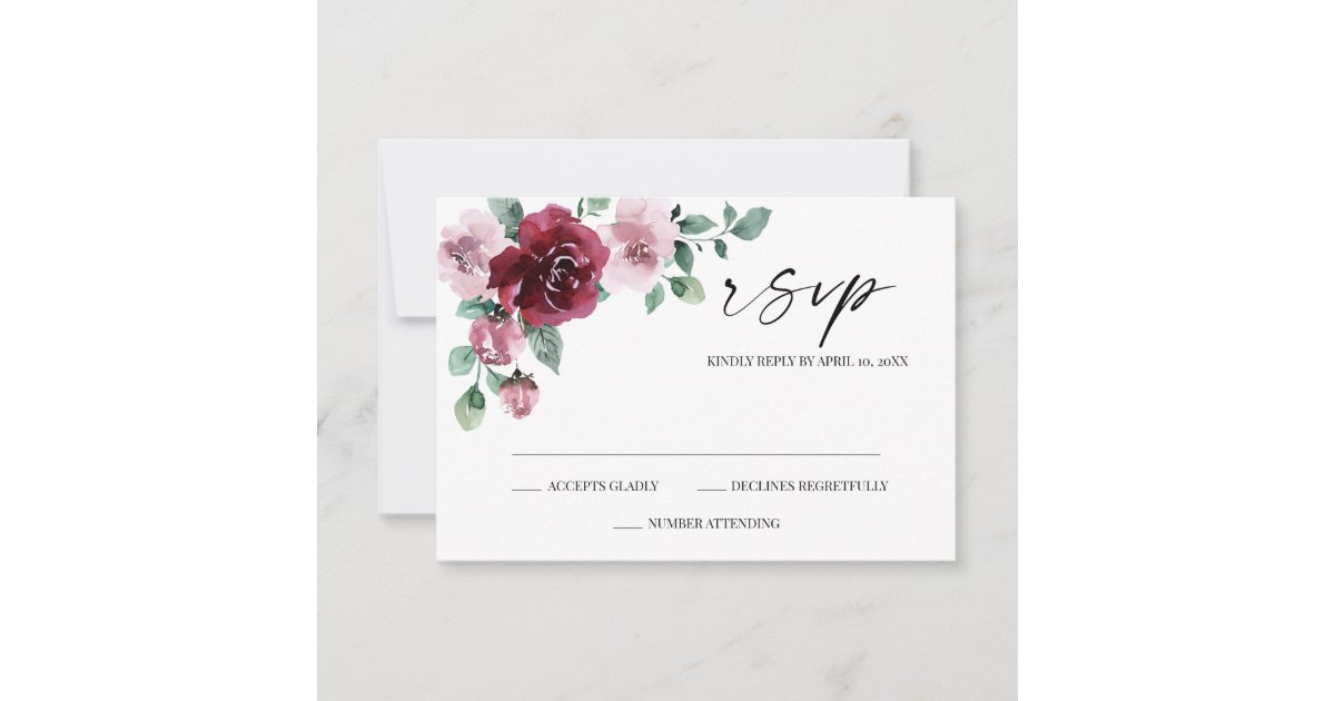 Burgundy & Dusty Rose Floral Wedding RSVP Card | Zazzle