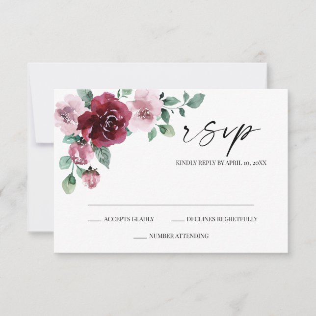 Burgundy & Dusty Rose Floral Wedding RSVP Card (Front)