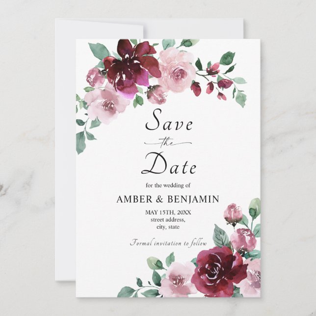 Burgundy & Dusty Rose Floral Wedding Save The Date Invitation (Front)
