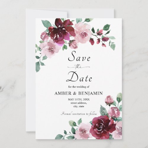 Burgundy  Dusty Rose Floral Wedding Save The Date Invitation