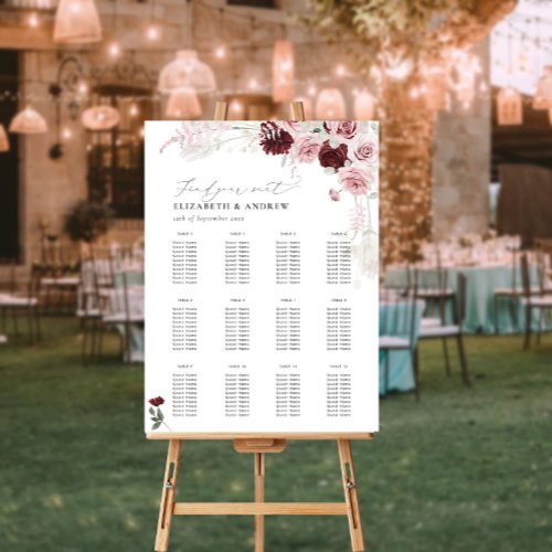 Burgundy Dusty Rose Floral Wedding Seating Chart  Foam Board