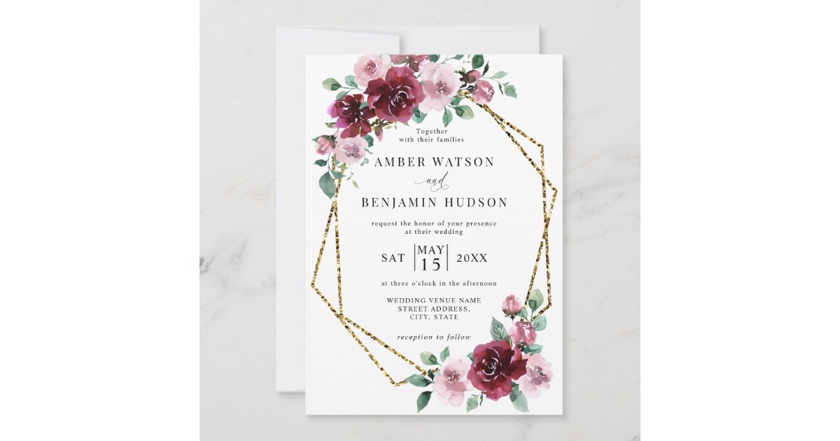 Burgundy Dusty Rose Gold Foil Floral Wedding Invitation | Zazzle