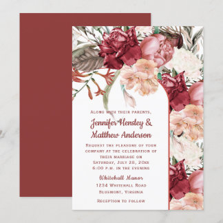 Burgundy Dusty Rose Ivory Peach Floral Wedding  In Invitation
